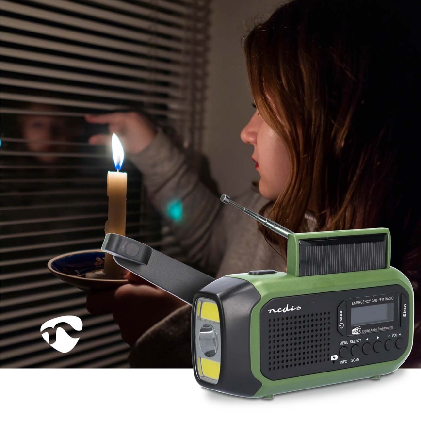 DAB+/FM-radio met handopwinding, zonnepaneel en LED-zaklamp 5V/2500 mAh groen/zwart