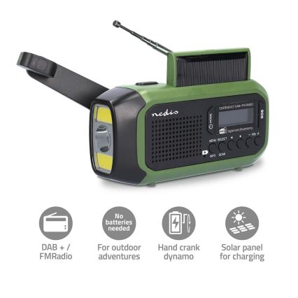 DAB+/FM-radio met handopwinding, zonnepaneel en LED-zaklamp 5V/2500 mAh groen/zwart