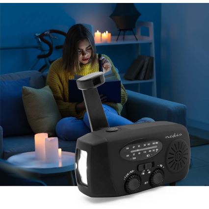 Opwindbare AM/FM-radio met zonnepaneel en LED-zaklamp, 2000 mAh oplaadbare accu