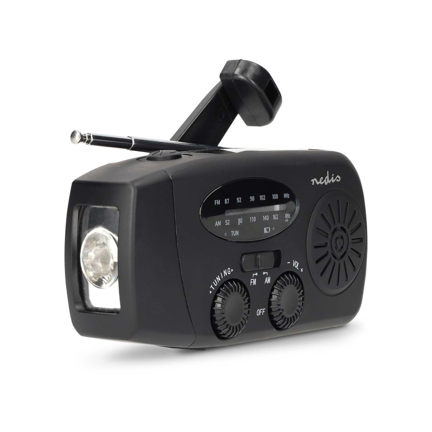 Opwindbare AM/FM-radio met zonnepaneel en LED-zaklamp, 2000 mAh oplaadbare accu