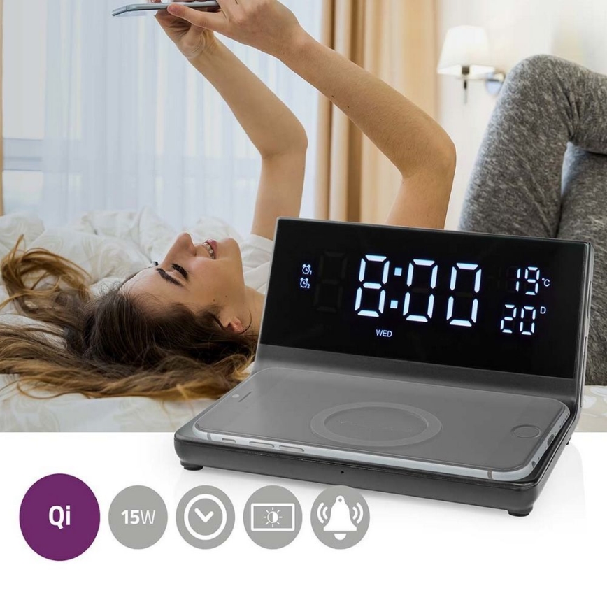 Wekker met LCD scherm en draadloze oplader 15W/230V + 1xCR2032 zwart
