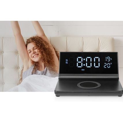Wekker met LCD scherm en draadloze oplader 15W/230V + 1xCR2032 zwart