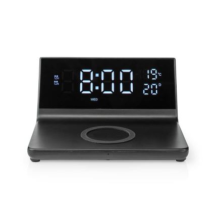 Wekker met LCD scherm en draadloze oplader 15W/230V + 1xCR2032 zwart