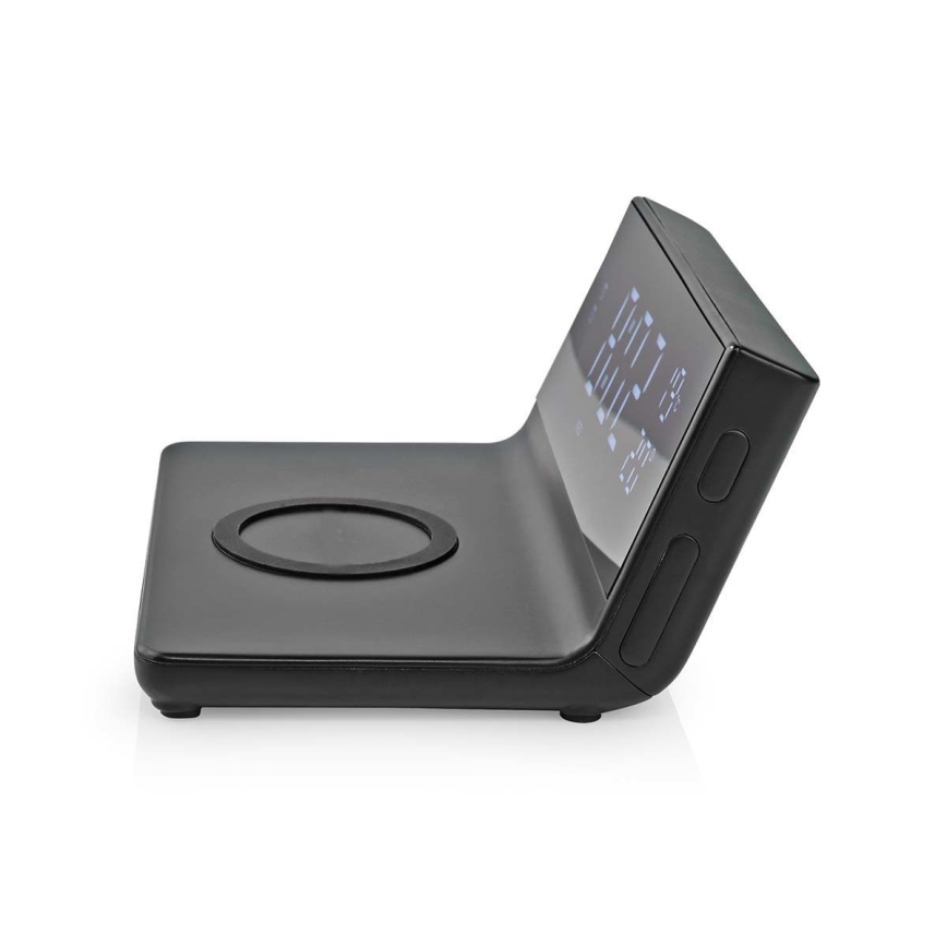 Wekker met LCD scherm en draadloze oplader 15W/230V + 1xCR2032 zwart