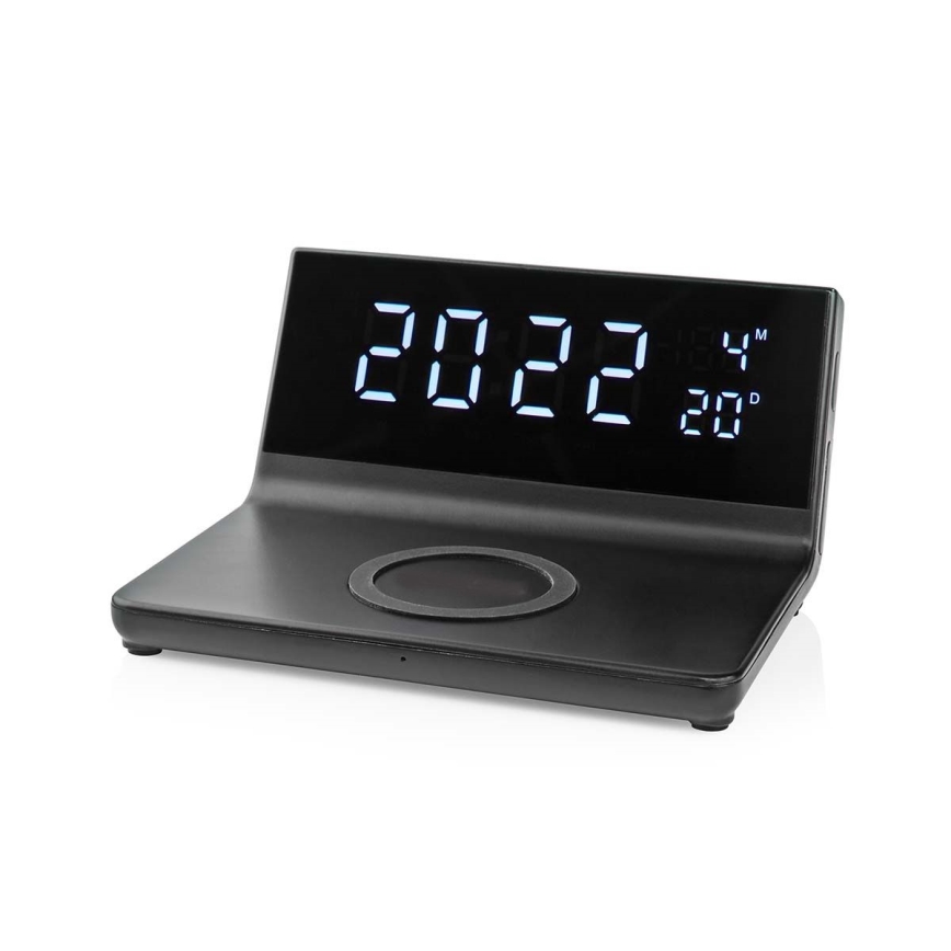 Wekker met LCD scherm en draadloze oplader 15W/230V + 1xCR2032 zwart