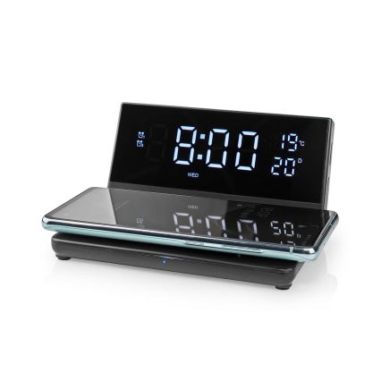 Wekker met LCD scherm en draadloze oplader 15W/230V + 1xCR2032 zwart