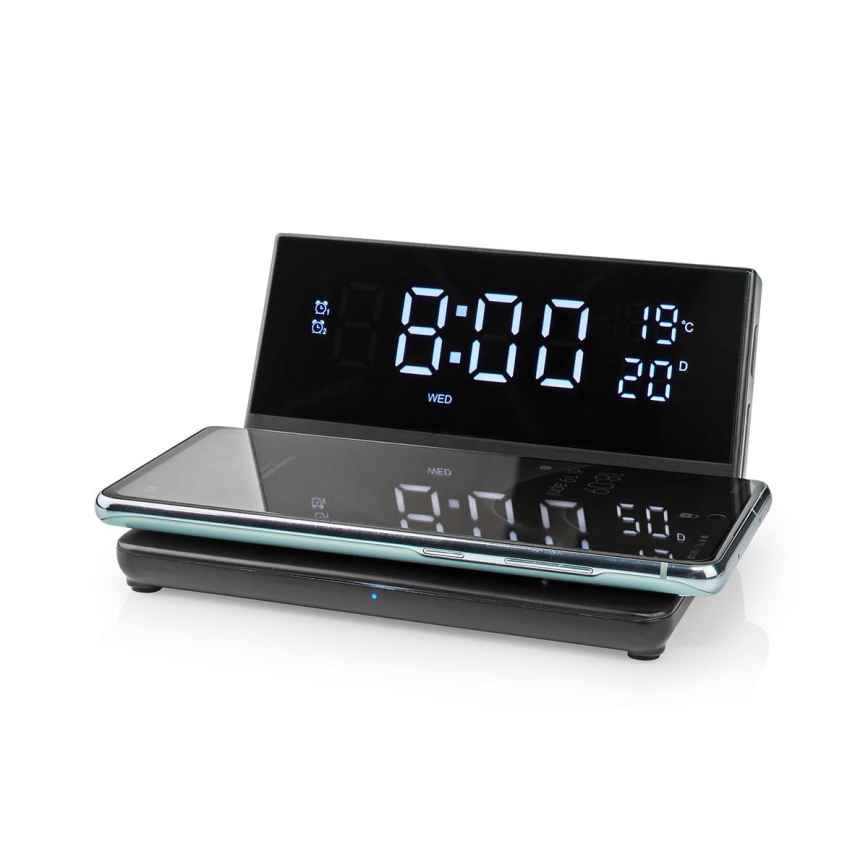 Wekker met LCD scherm en draadloze oplader 15W/230V + 1xCR2032 zwart