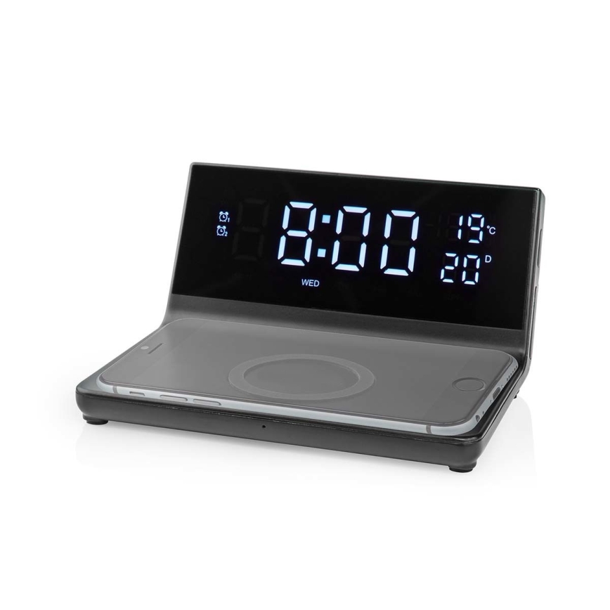 Wekker met LCD scherm en draadloze oplader 15W/230V + 1xCR2032 zwart
