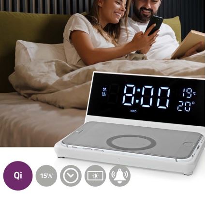 Wekker met LCD-display en draadloze oplader 15W/5V + 1xCR2032 wit