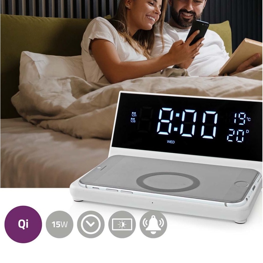 Wekker met LCD-display en draadloze oplader 15W/5V + 1xCR2032 wit