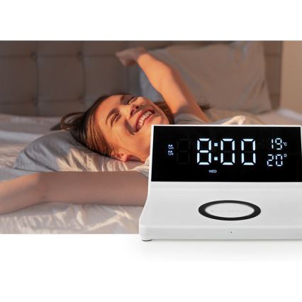 Wekker met LCD-display en draadloze oplader 15W/5V + 1xCR2032 wit