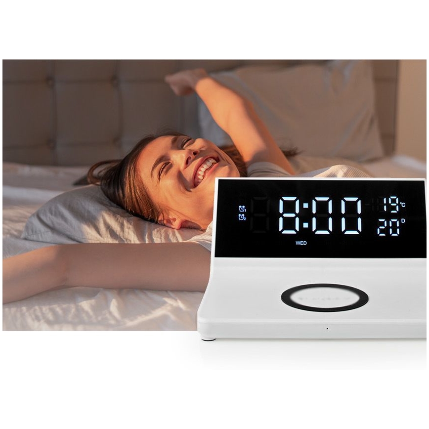 Wekker met LCD-display en draadloze oplader 15W/5V + 1xCR2032 wit