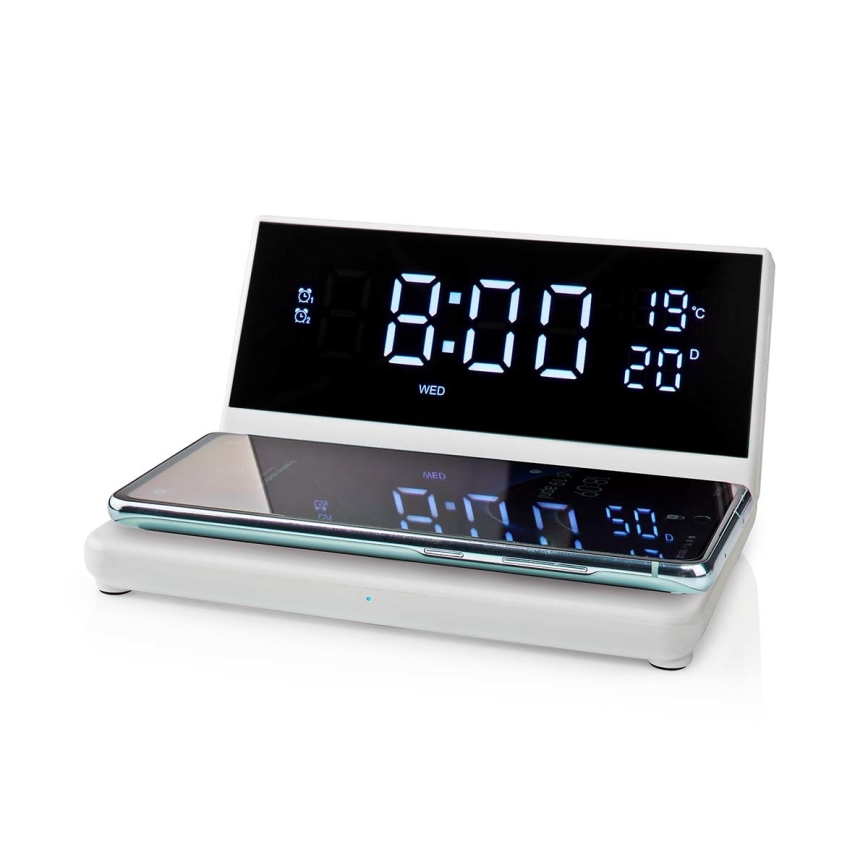 Wekker met LCD-display en draadloze oplader 15W/5V + 1xCR2032 wit