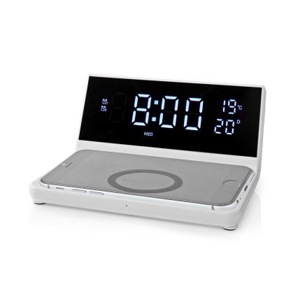 Wekker met LCD-display en draadloze oplader 15W/5V + 1xCR2032 wit