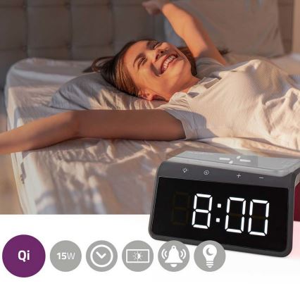 Wekker met LCD scherm en draadloze oplader 15W/230V 1x CR2032 zwart