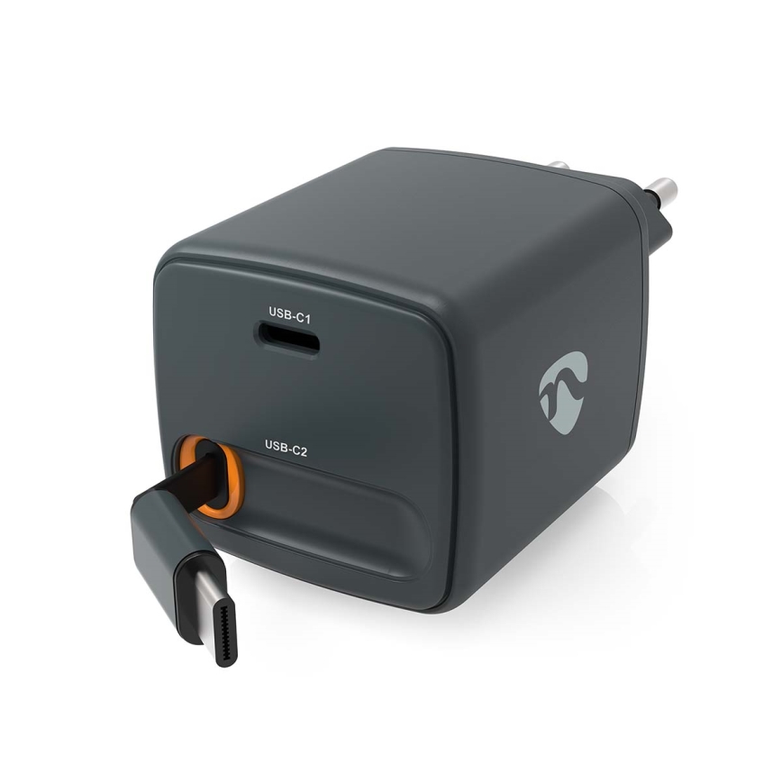 Zwarte 30 W USB Power Delivery-oplader met intrekbare kabel en 2x USB-C-poorten