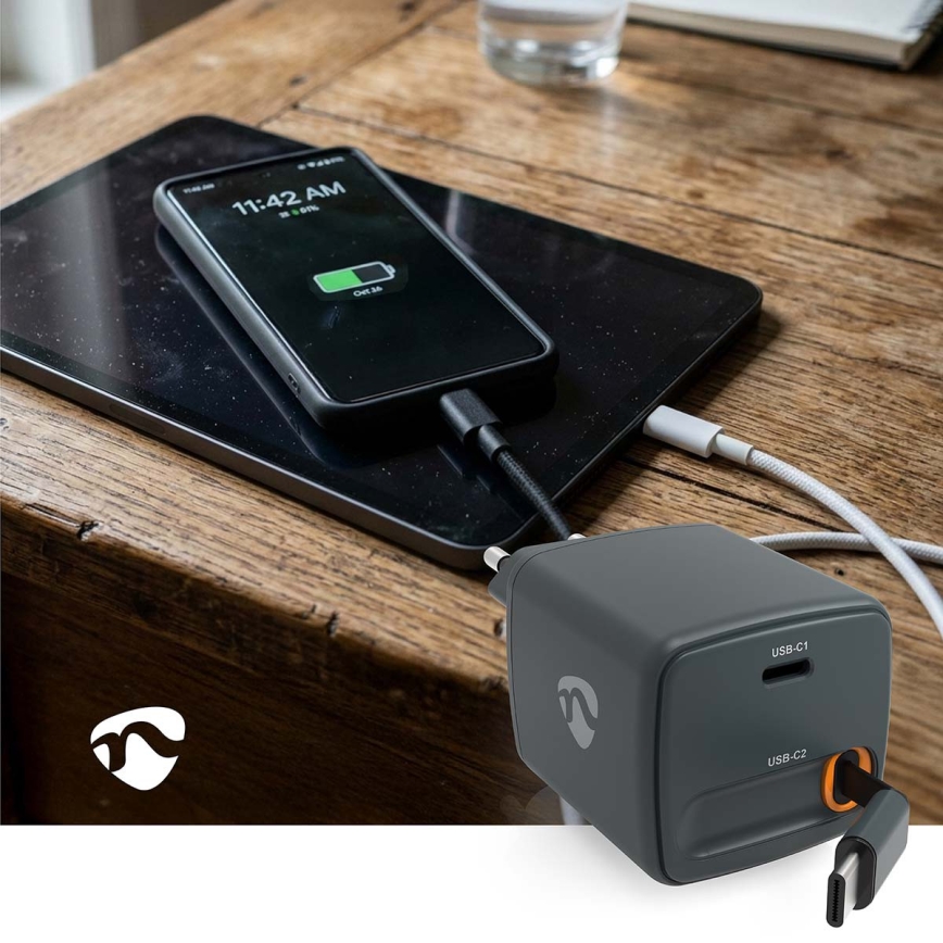 Oplader met intrekbare kabel, 65W Power Delivery, 2x USB-C, zwart
