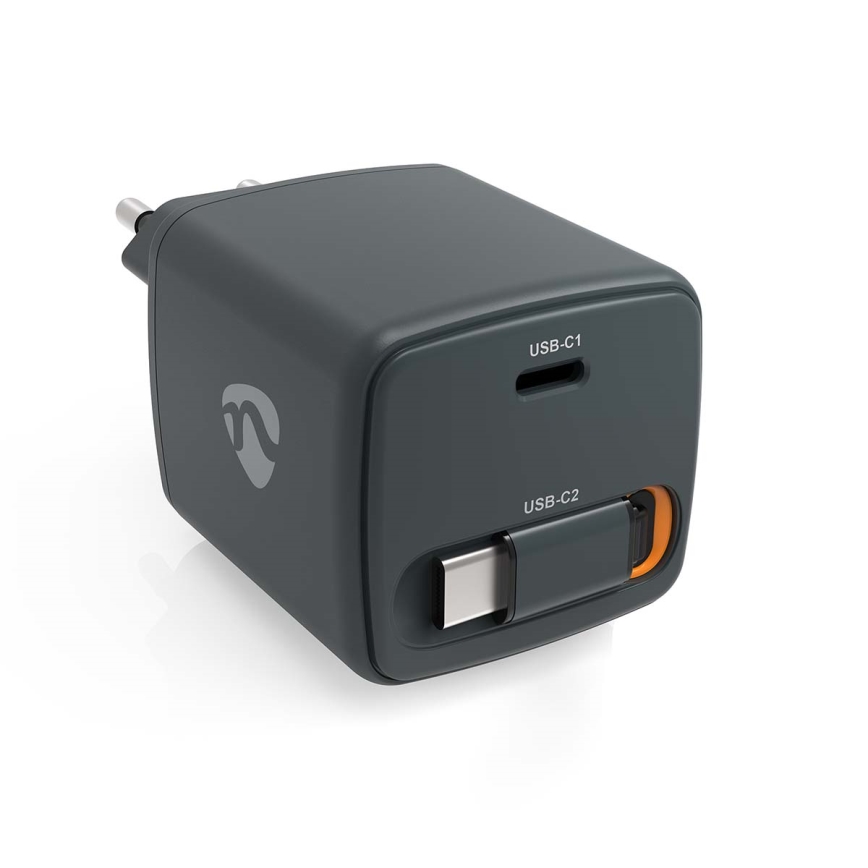 Oplader met intrekbare kabel, 65W Power Delivery, 2x USB-C, zwart