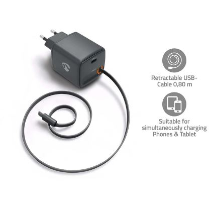 Oplader met intrekbare kabel, 65W Power Delivery, 2x USB-C, zwart