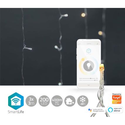 LED kerstgordijn 200×LED / 11 functies, 6 m, IP65, Wi‑Fi (Tuya), warm tot koel wit