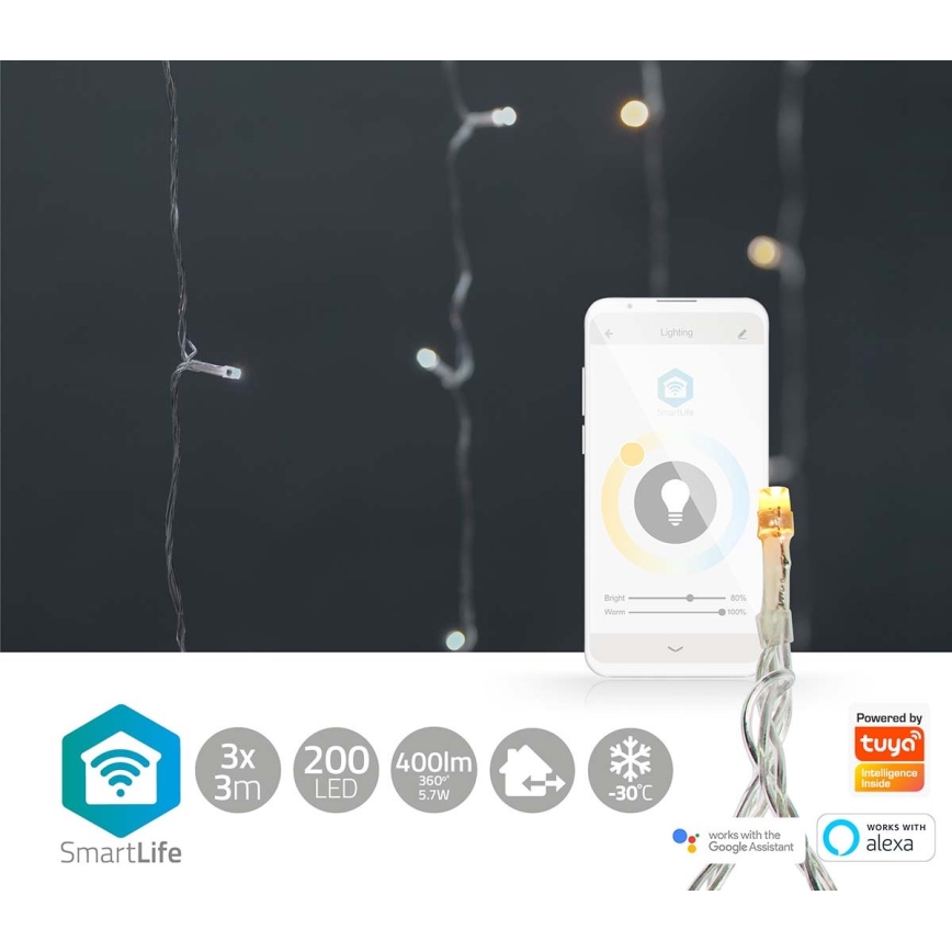 LED kerstgordijn 200×LED / 11 functies, 6 m, IP65, Wi‑Fi (Tuya), warm tot koel wit