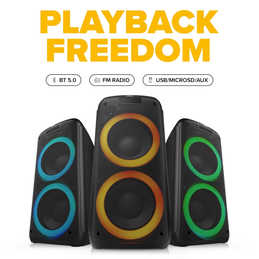 Niceboy PARTY Boss 2 - Draadloze LED-speaker met microfoon en powerbankfunctie 200W/4500 mAh + afstandsbediening