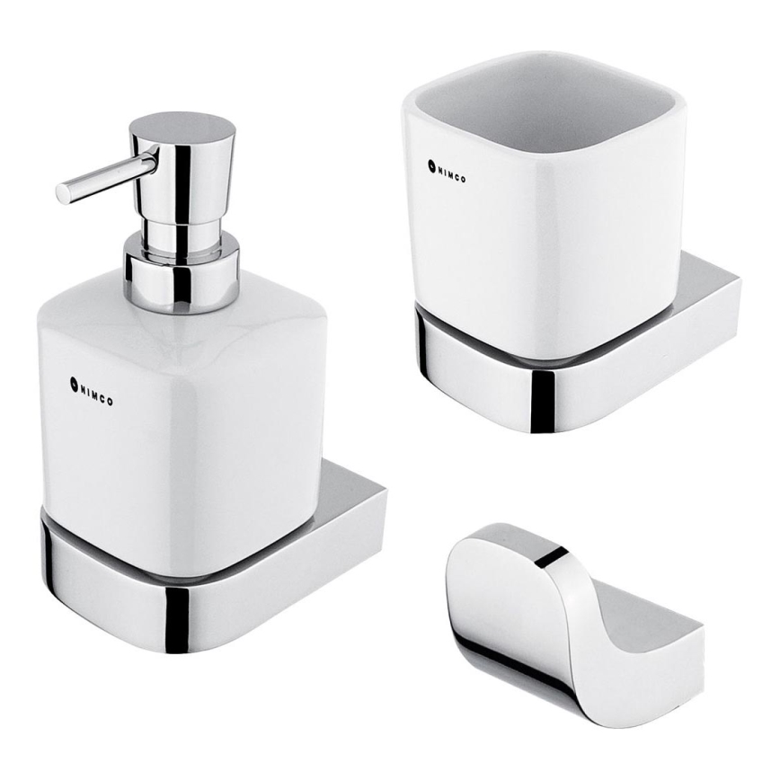 NIMCO NK set-31K-26 - Wandgemonteerde zeepdispenser, tandenborstelhouder en wandhaak NIKAU 320 mm wit/glanzend chroom