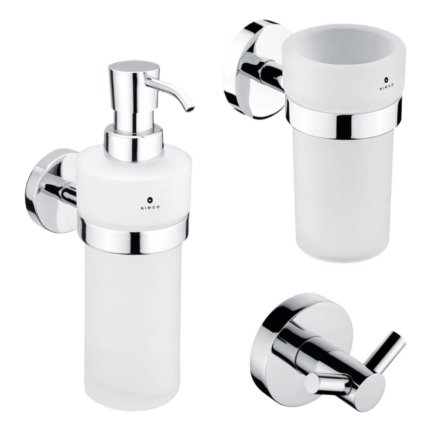 NIMCO UN set-31W-26 - Wandgemonteerde zeepdispenser, tandenborstelhouder en wandhaak UNIX 250 mm mat glas/glanzend chroom