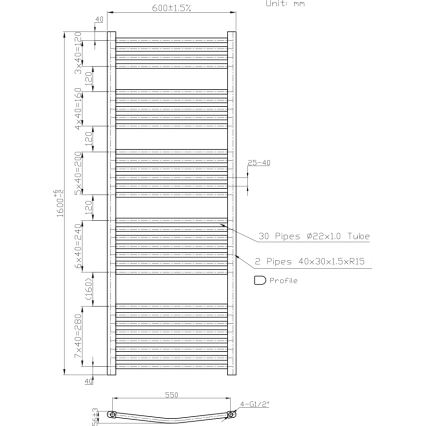 Novaservis - Badkamer handdoekradiator 836W/230V 160x60 cm wit afgerond