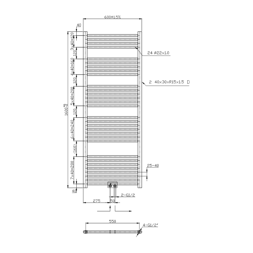 Novaservis - Badkamer handdoekradiator 836W/230V 160x60 cm zwart recht