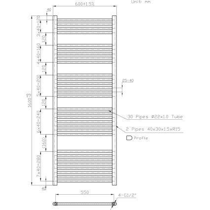 Novaservis - Badkamer-handdoekradiator (laddermodel) 836W/230V 160x60 cm wit, recht