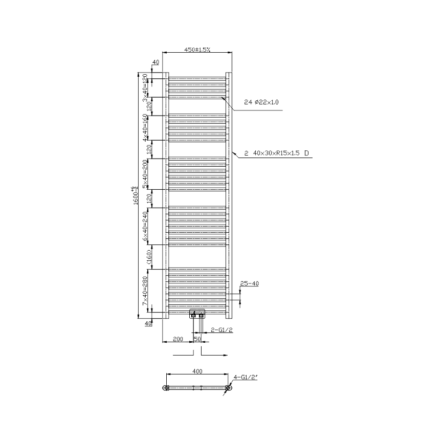 Novaservis - Handdoekradiator (laddermodel) 423W/230V 160x45 cm glanzend chroom recht