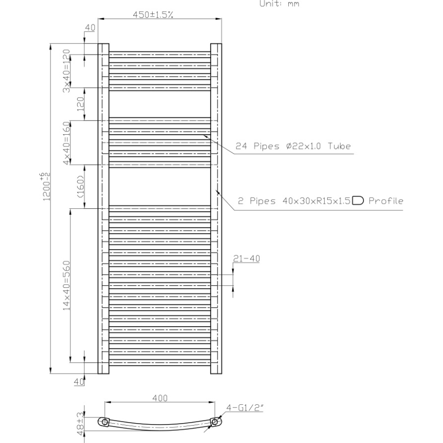 Novaservis - Handdoekradiator voor badkamer 490W/230V 120x45 cm wit, afgerond