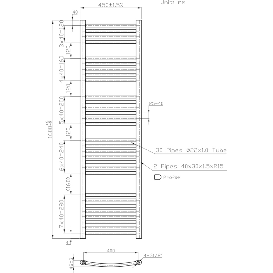 Novaservis - Handdoekradiator voor badkamer 648W/230V 160x45 cm wit afgerond