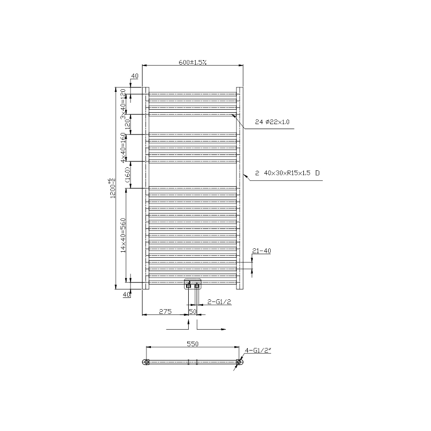 Novaservis - Handdoekradiator voor badkamer laddermodel 644W/230V 120x60 cm zwart recht