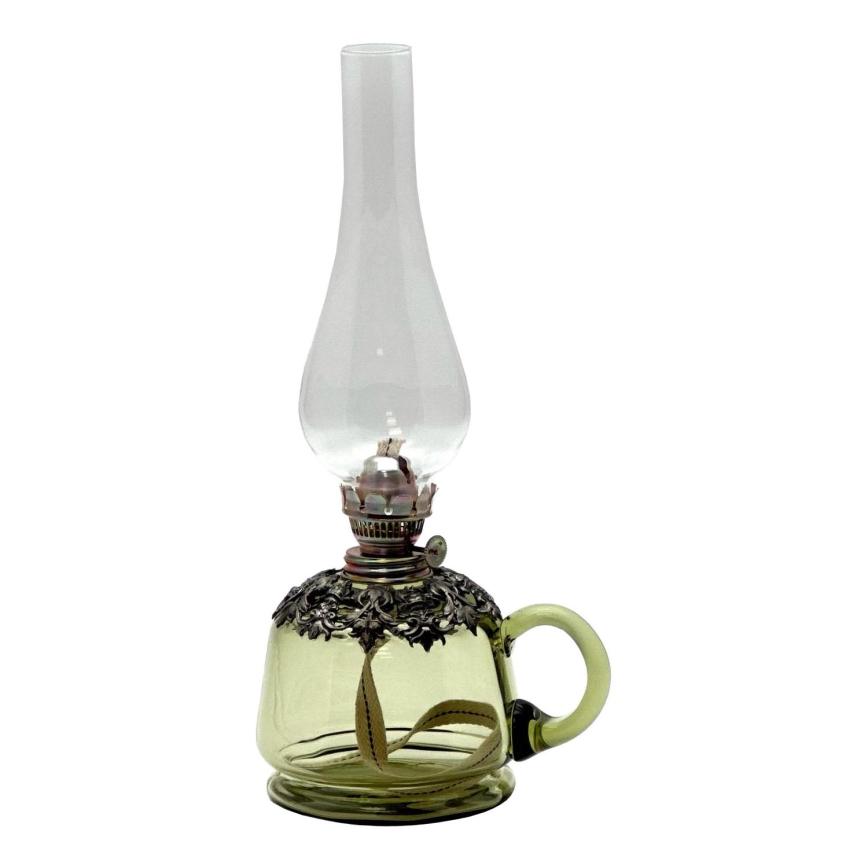 Olielamp LUCIE 35 cm bosgroen gedecoreerd met tin