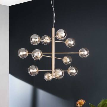 Ondaluce - Hanglamp met kabel ELISEO 12xE14/10W/230V Ø 97 cm goud/rookbeige