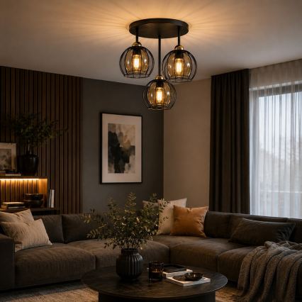 Opbouwlamp SOLO BLACK 3xE27/60W/230V Ø 30 cm zwart/goud