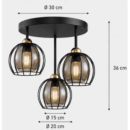 Opbouwlamp SOLO BLACK 3xE27/60W/230V Ø 30 cm zwart/goud