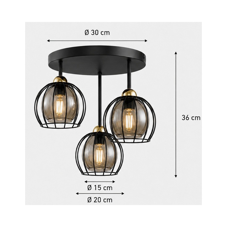 Opbouwlamp SOLO BLACK 3xE27/60W/230V Ø 30 cm zwart/goud
