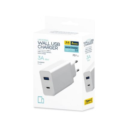 Oplaad Adapter USB-C Stroomvoorziening + USB-A 18W/230V