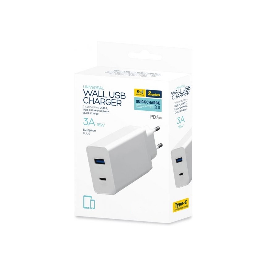 Oplaad Adapter USB-C Stroomvoorziening + USB-A 18W/230V