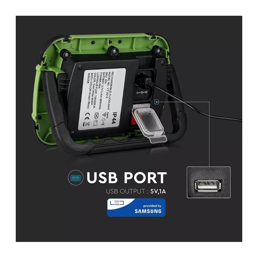 Oplaadbare LED Schijnwerper SAMSUNG CHIP + SOS functie LED/10W/3,7V/USB IP44 4000K groen