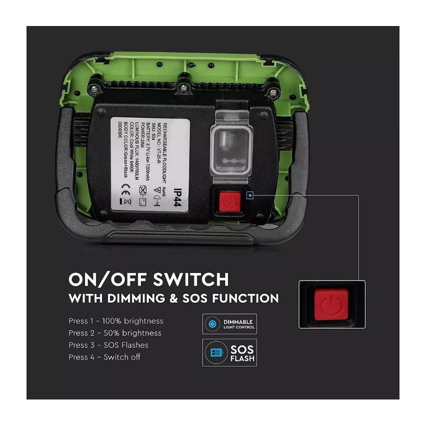 Oplaadbare LED Schijnwerper SAMSUNG CHIP + SOS functie LED/10W/3,7V/USB IP44 4000K groen