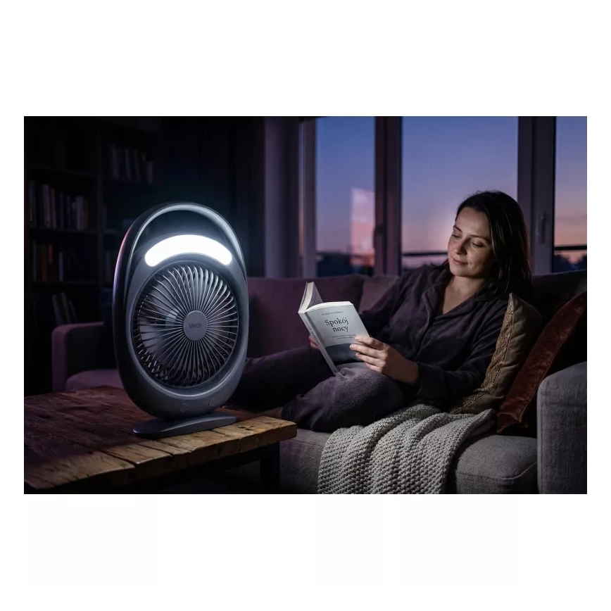 Oplaadbare tafelventilator met LED-verlichting LED/2,8W/5V USB 2400 mAh grijs