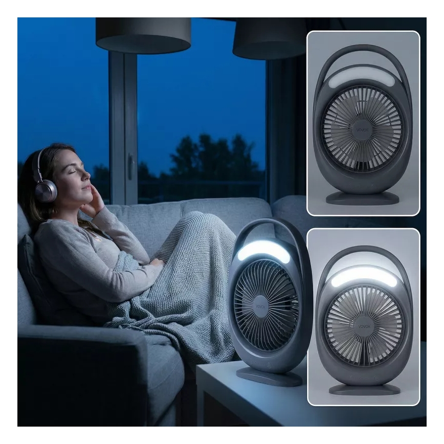 Oplaadbare tafelventilator met LED-verlichting LED/2,8W/5V USB 2400 mAh grijs