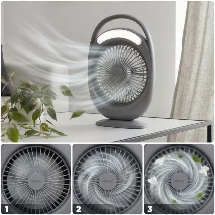 Oplaadbare tafelventilator met LED-verlichting LED/2,8W/5V USB 2400 mAh grijs