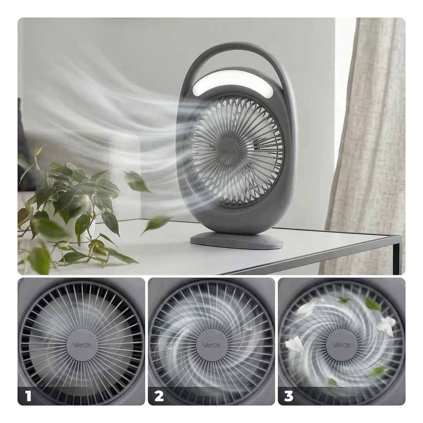 Oplaadbare tafelventilator met LED-verlichting LED/2,8W/5V USB 2400 mAh grijs
