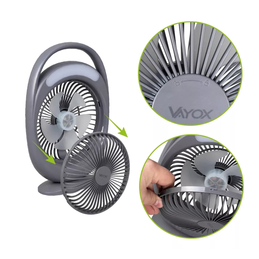 Oplaadbare tafelventilator met LED-verlichting LED/2,8W/5V USB 2400 mAh grijs
