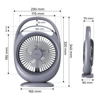 Oplaadbare tafelventilator met LED-verlichting LED/2,8W/5V USB 2400 mAh grijs